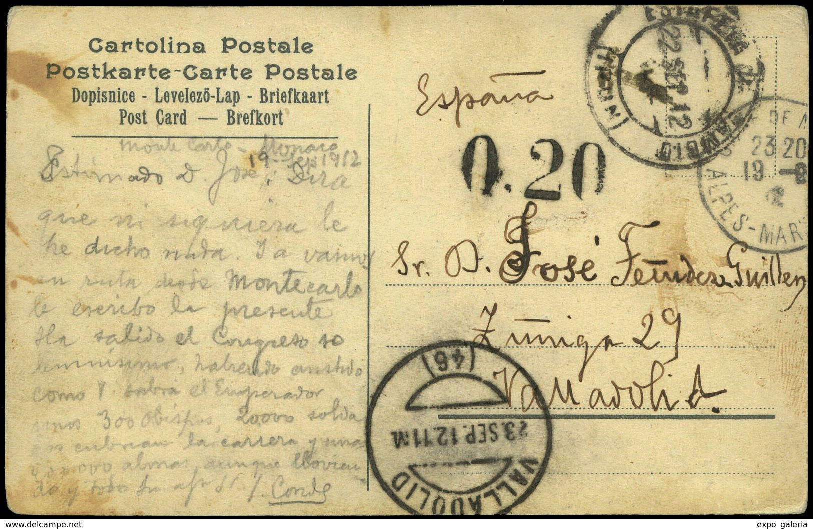 588 T.P. 1912. De Mónaco A Madrid. Tarjeta Fechada En Montecarlo Y Cda Sin Sellos - Lettres & Documents