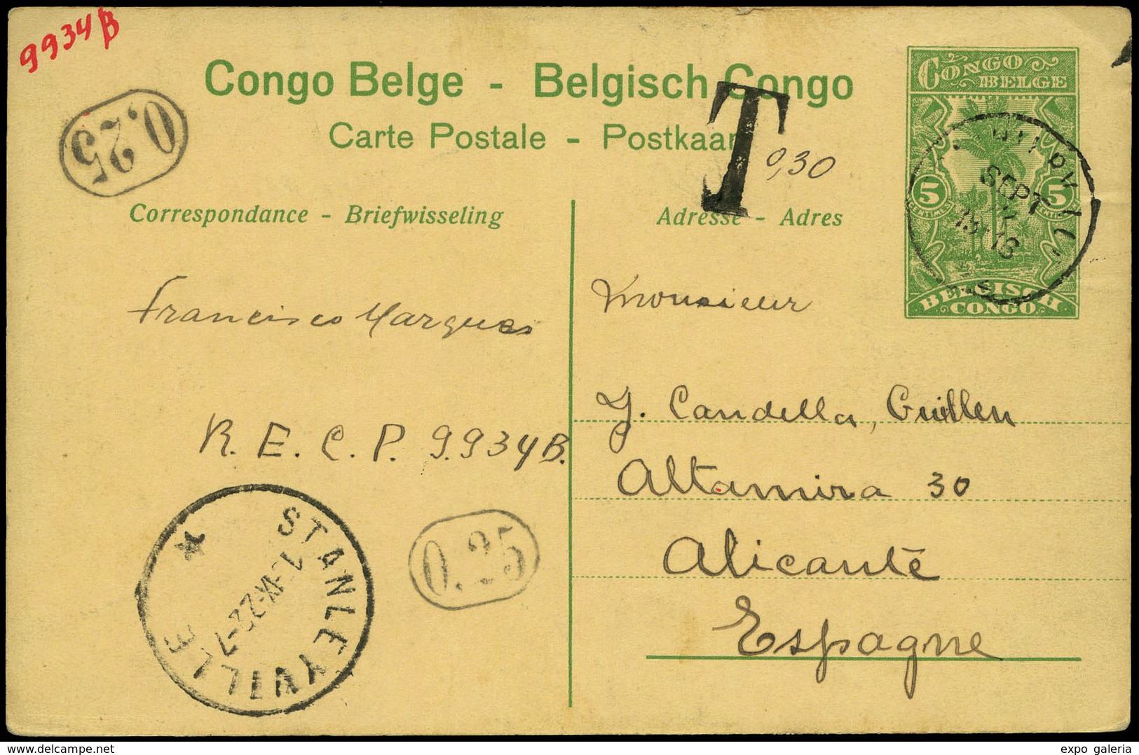 593 T.P. 1922. De Congo Belga A Alicante. 2 Tasas “0,25” En óvalo Y “T- 0,30” - Lettres & Documents