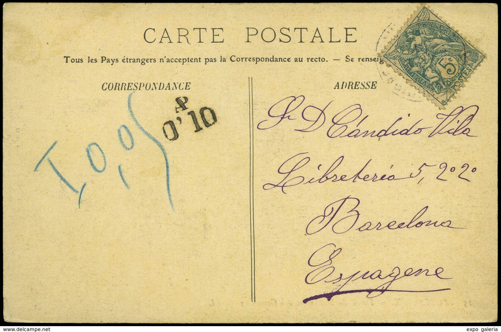 594 T.P. 1909. De Francia A Barcelona Con Marca “PA 0,10” Y “T-0,0” - Lettres & Documents