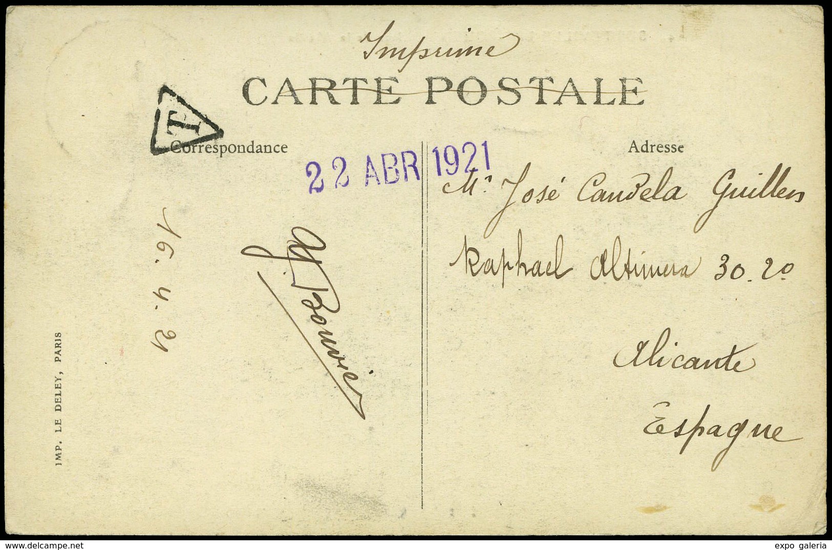 596 T.P. 1921. De Francia A Alicante Con Marca “T” En Triangulo - Lettres & Documents