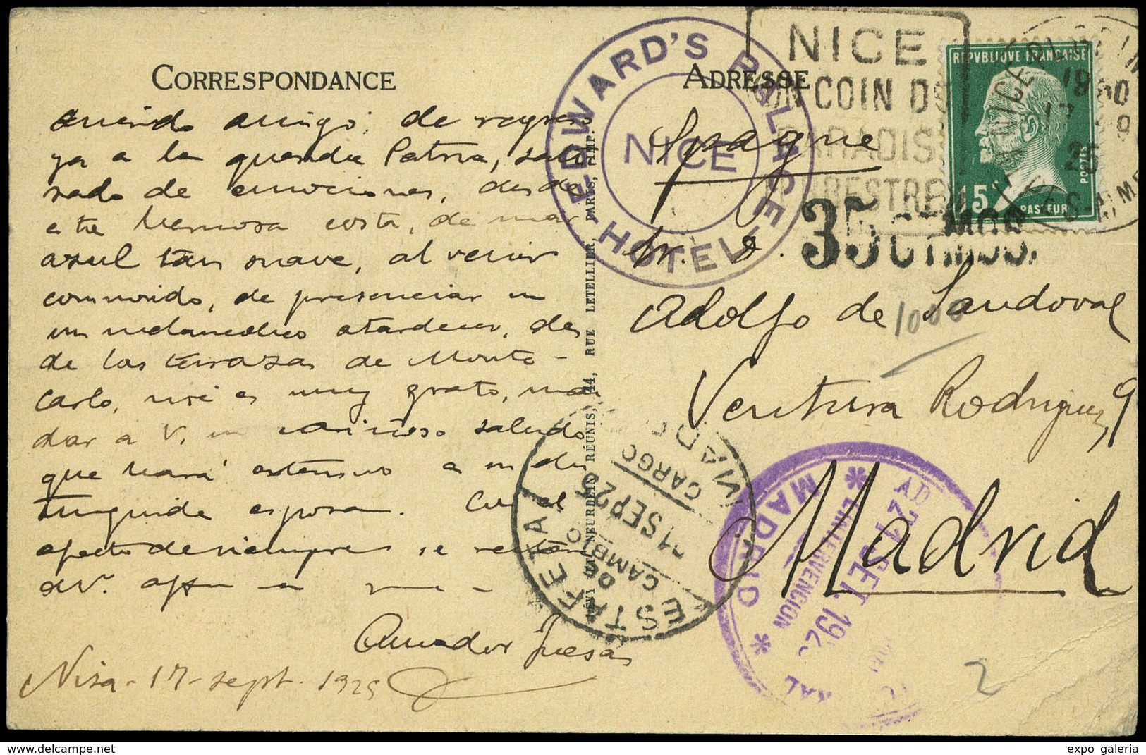 598 T.P. 1925. De Francia A Madrid, Tasada “35 Ctmos” (tampón) - Lettres & Documents