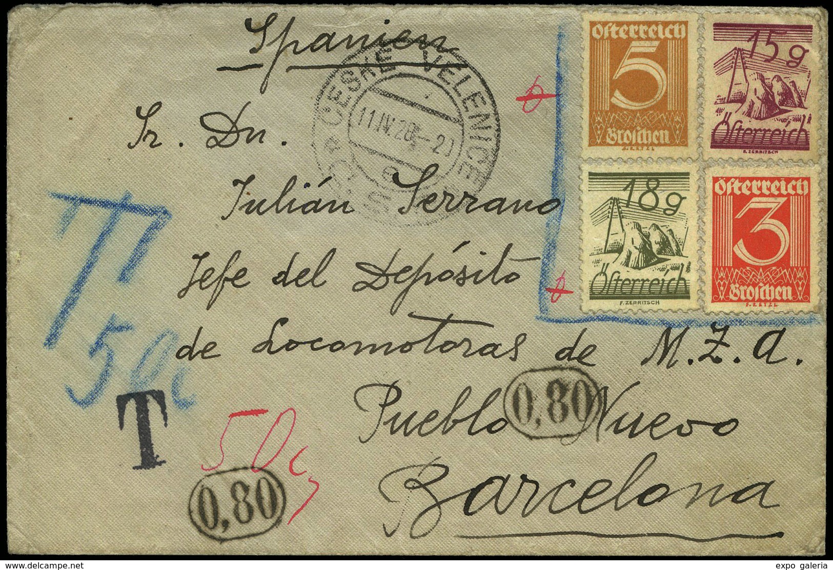 599 1928. De Austria A España. 11/IV/28.  Con 2 Marcas “0,80” + “T” + “T-50” + “T-50” Lujo - Lettres & Documents