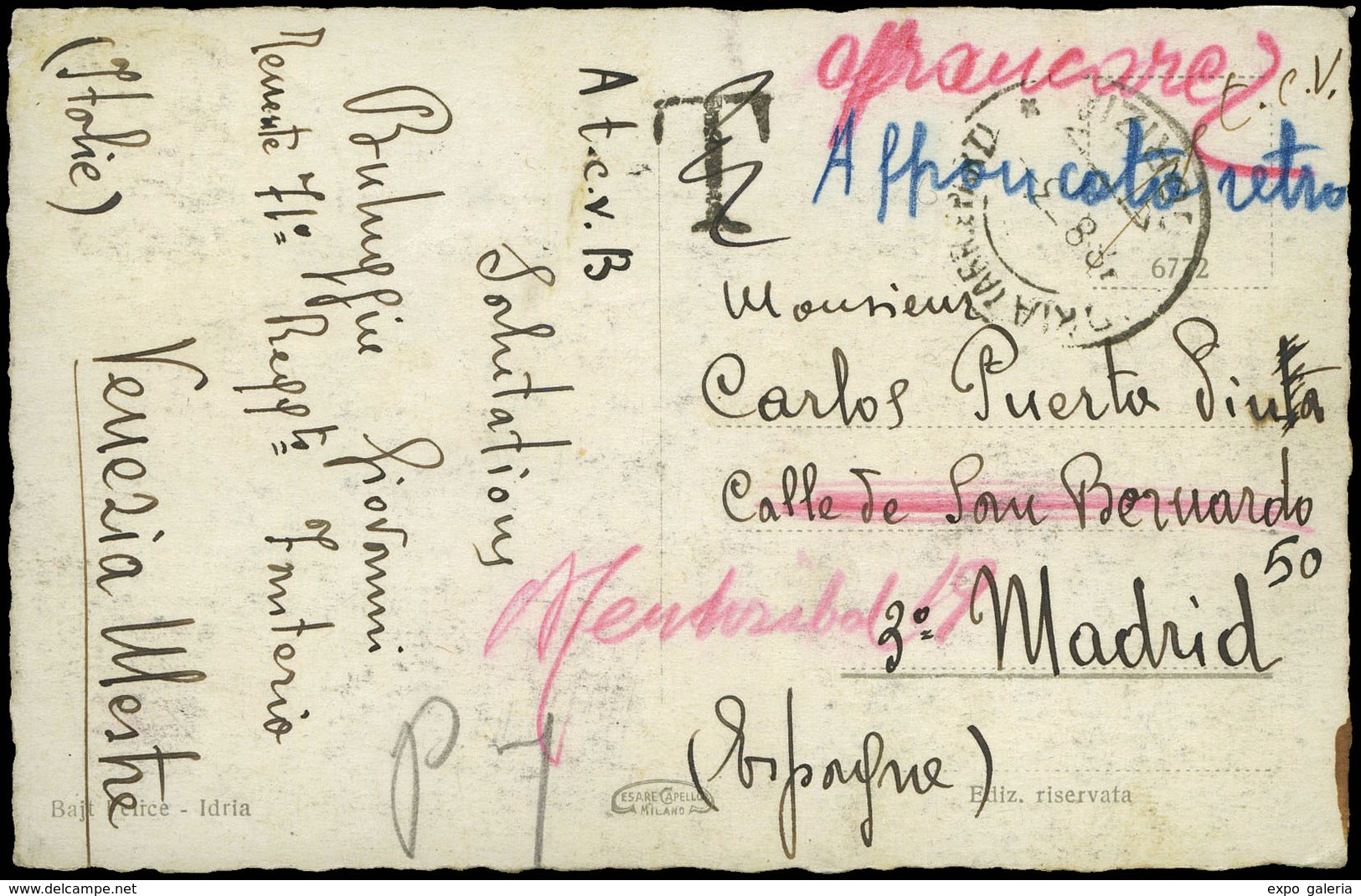 603 T.P. 1937. De Italia A Madrid Con Marca “T” A La Llegada. - Lettres & Documents