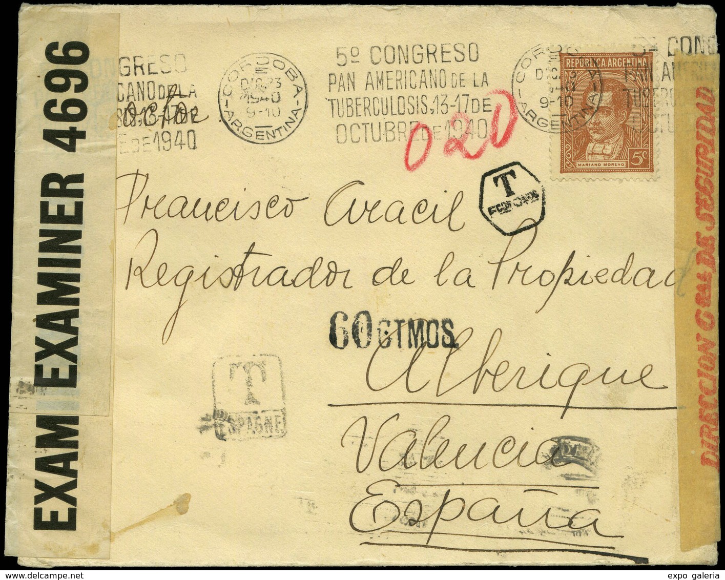 604 1941. De Argentina A Valencia. Lleva 4 Marcas De Tasas Diferentes + 2 Censuras - Storia Postale