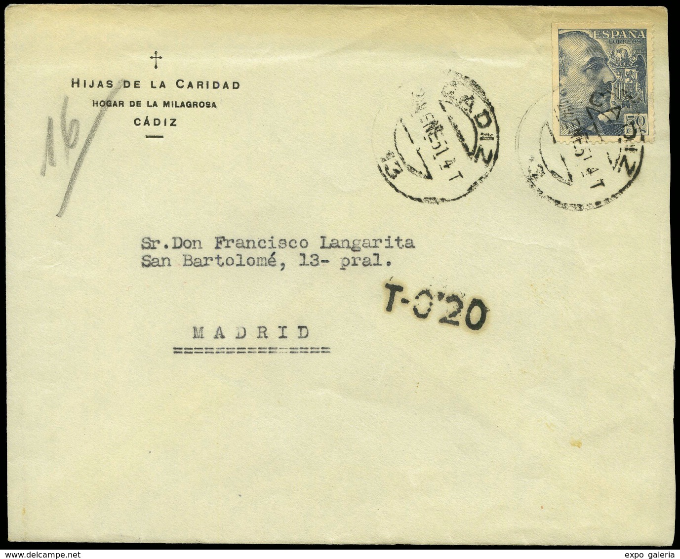 606 Ed. 1053 - 1951. De Cádiz A Madrid Con Tasa En Tampón “T-0,20” Lujo - Lettres & Documents