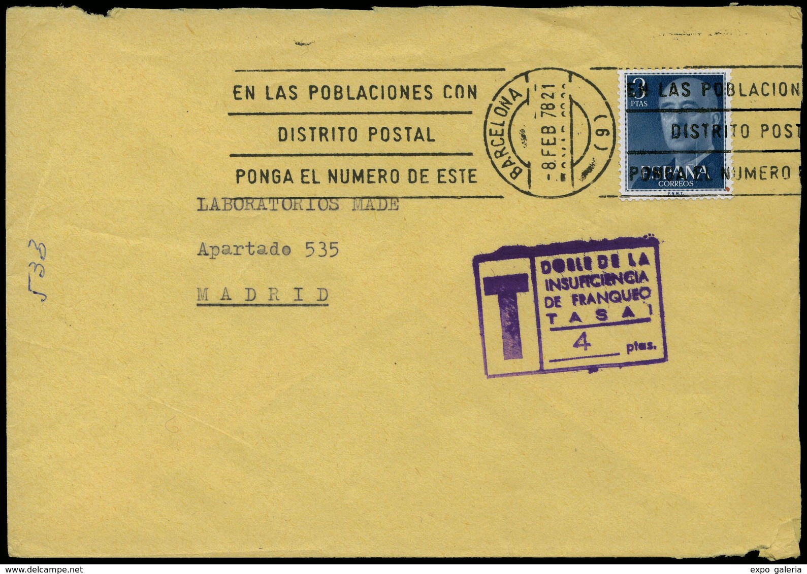 615 Ed. 1159 - 1978. De Barcelona A Madrid Con Marca “T/doble De La Insuficiencia...... 4 Ptas” - Lettres & Documents