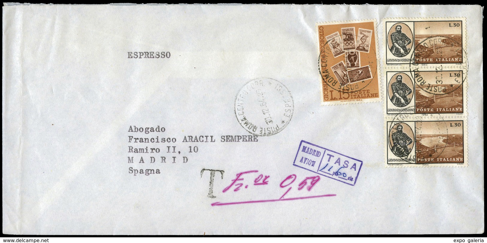 620 1964. Carta Urgente De Italia A España. Con 2 Tipos De Tasa “T. Fr. Or. 0,59” Y “Madrid/Avión Tasa 11,60 Ptas” - Covers & Documents