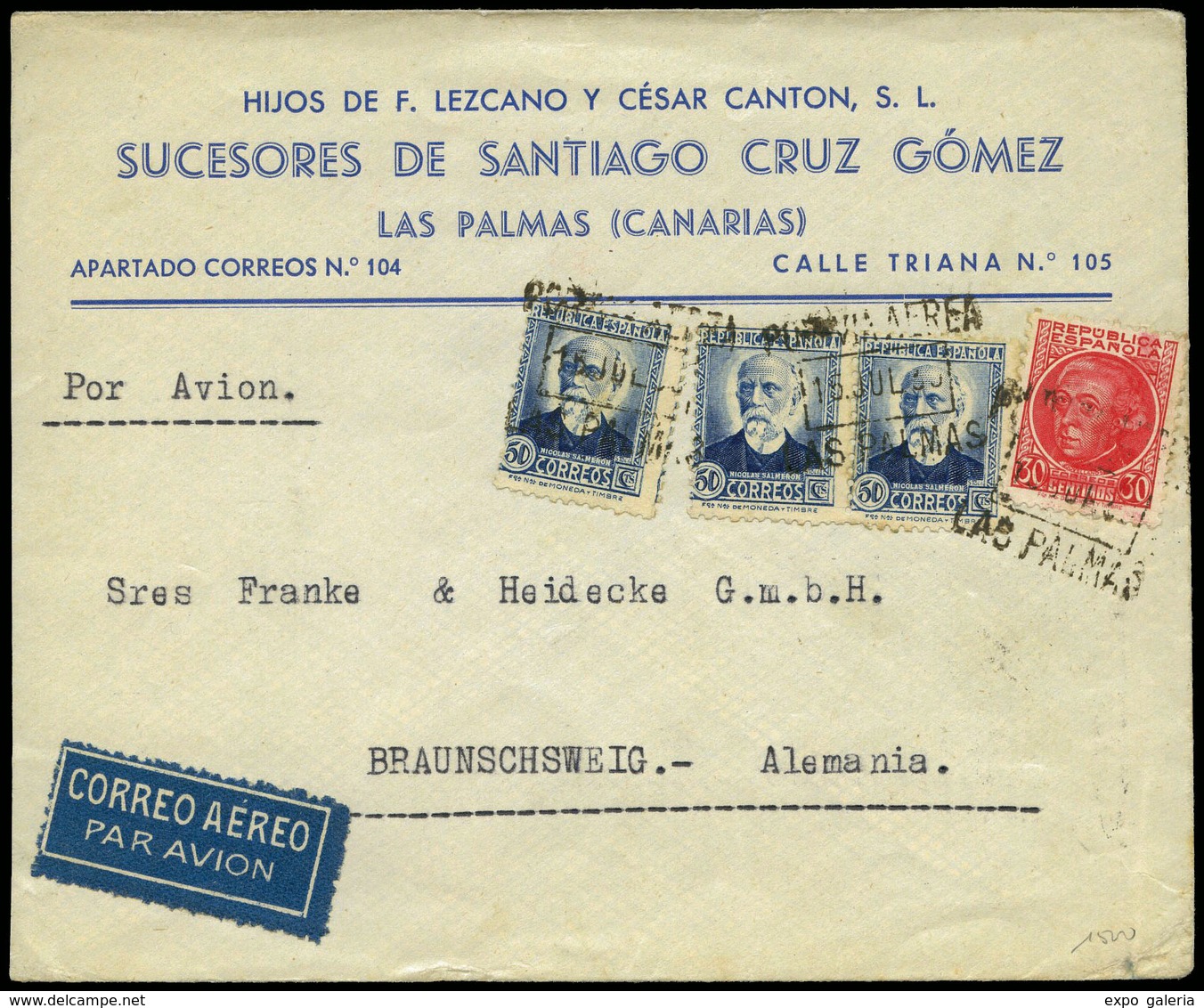 694 Ed. 687-688(3) Cda De Las Palmas A Alemania. 15/Jul/35. Diversos Tránsitos Y Llegada. - Lettres & Documents