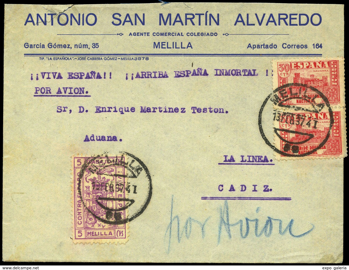 697 Ed. 823(2)+Local Melilla. Cda De Melilla A La Linea (Cádiz) Por Avión (manuscrito). Dorso Llegada 16/2/37. Preciosa - Lettres & Documents