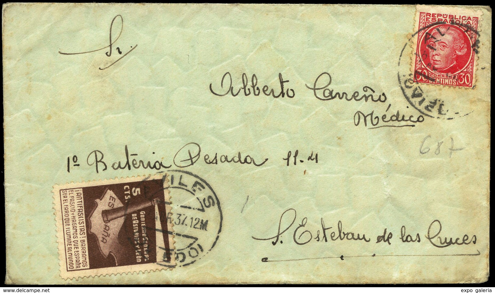 765 Ed. 687+ 1 - 1937. Carta Cda Desde “Avilés 24/Abr/37” Al “médico 1ª Bateria Pesada En San Esteban De Las Cruces” - Asturies & Leon