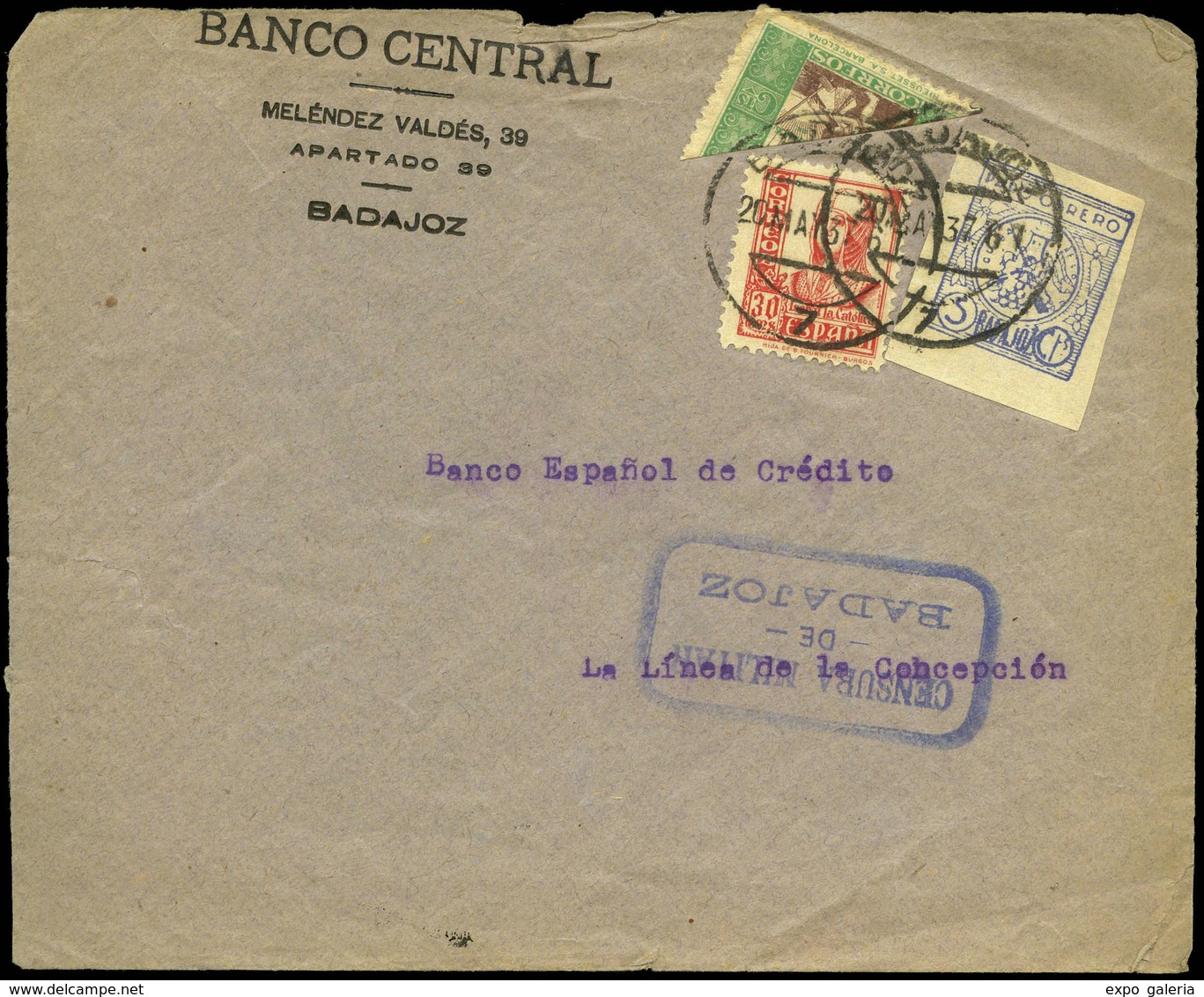 775 Ed. 10 Bisec - Carta De Badajoz A La Linea Con Sello Beneficencia Bisectado + Local Badajoz 20/May/37 - Bienfaisance