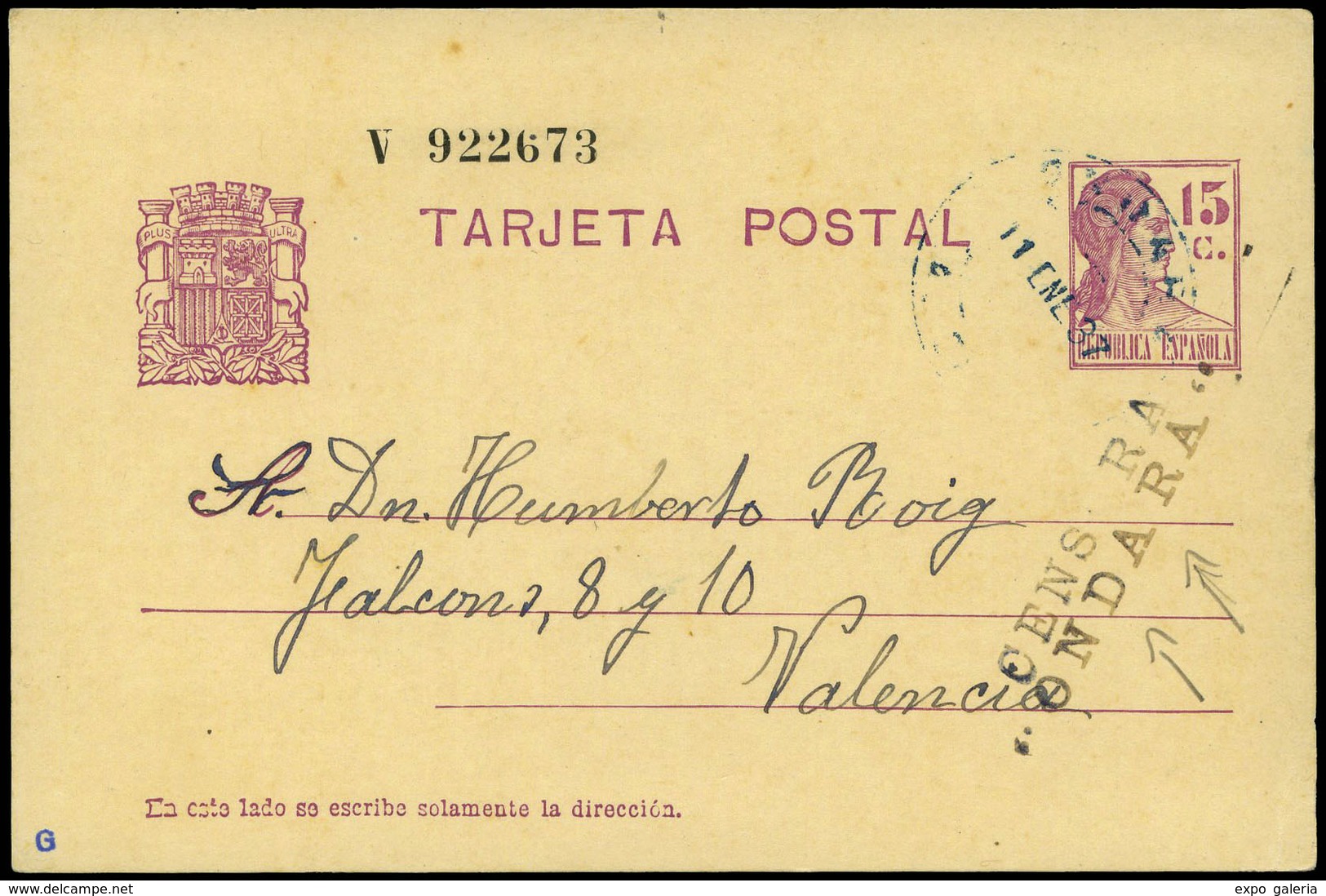 776 Ed.  E.P.69 - 1937. E.Postal Cdo De Ondara A Valencia 11/1/37 Con Rara Marca “Censura-Ondara” Calidad Lujo - 1850-1931