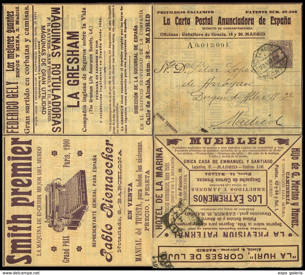784 0 Laiz 159 - 1904. Cadete “La Carta Postal Anunciadora 15cts.” Carta-sobre Anunciadora Desple - 1850-1931
