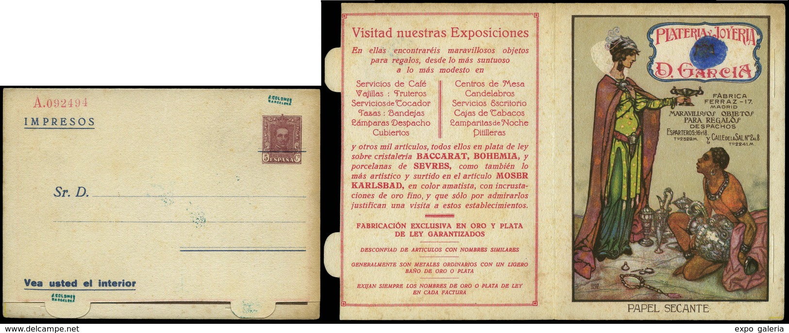 798 * Laiz 492 - 1925. Vaquer. 5 Cts. Tarjeta Doble Con Publicidad Ilustrada “Joyeria D. Garcia” - 1850-1931