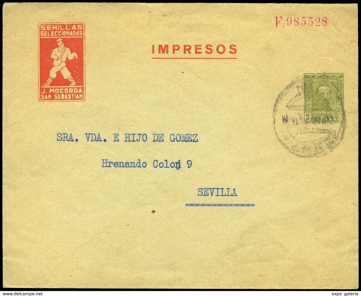 802 0 Laiz 619 - 1925. Vaquer. 2cts. Oliva. Publicidad Impresa “J. Mocorda. San Sebastian. Semillas....” - 1850-1931