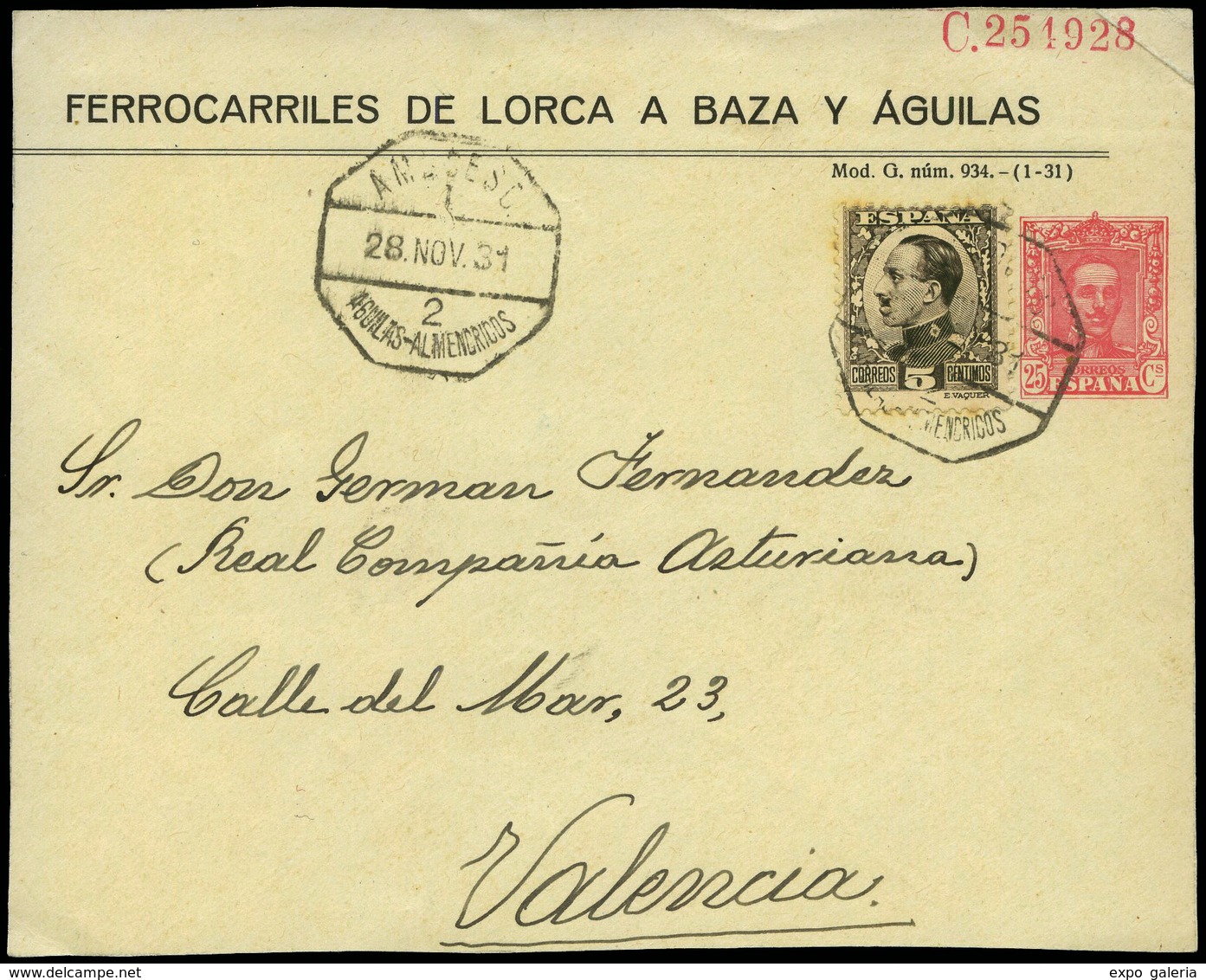 809 0 Laiz 675+España 491 - 1925. Vaquer. 25cts. Rojo. Frontal Con Publicidad Impresa “Ferrocarriles De …" - 1850-1931