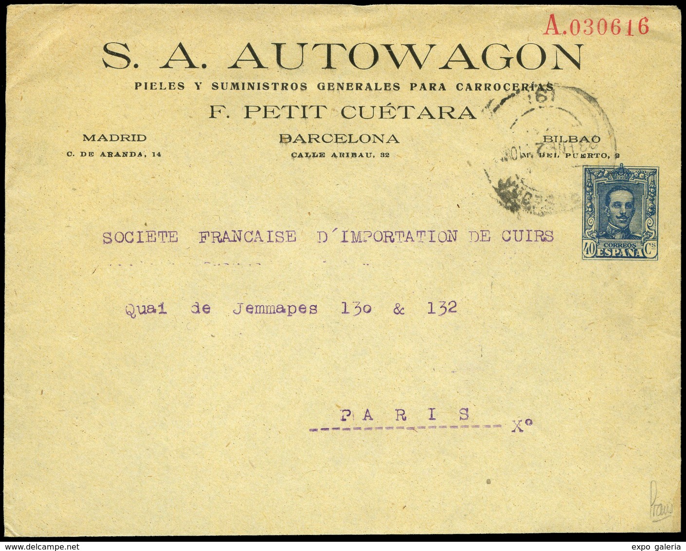 816 0 Laiz 782 - 1925. Vaquer. 40cts. Azul. Publicidad Impresa “S.A. Autowagon. Aribau 32…" - 1850-1931