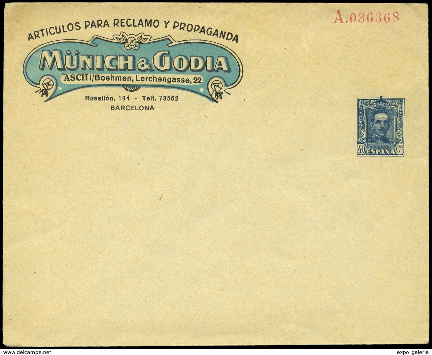 817 * Laiz 794 - 1925. Vaquer. 40cts. Azul Con Publicidad Impresa “Münich & Godia. Artículos Para Reclamo” - 1850-1931