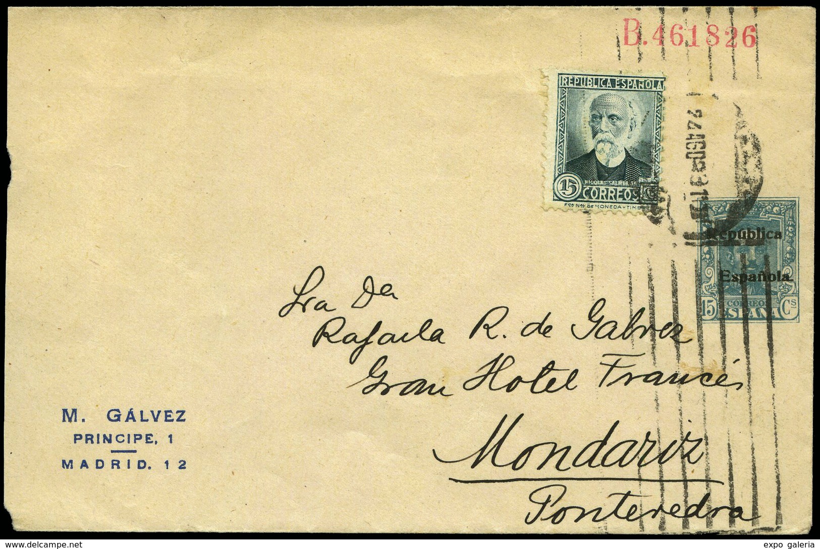 832 0 Laiz 934 + España 665 - 1931. Vaquer Sobrec. República. 15cts. Azul Con Publicdad Impresa - 1850-1931