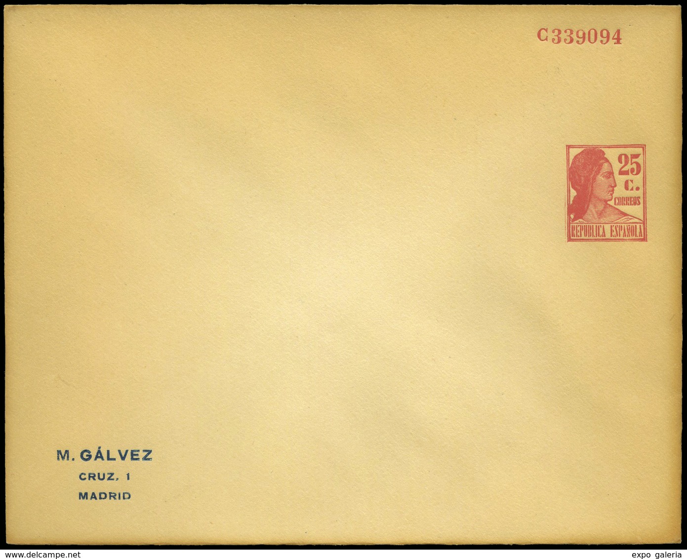 870 * Laiz 1198 - 1933. Matrona. 25cts. Rojo.Con Publicidad “M. Galvez. Cruz 1” Sin  Circular.Ex Aracil. - 1850-1931