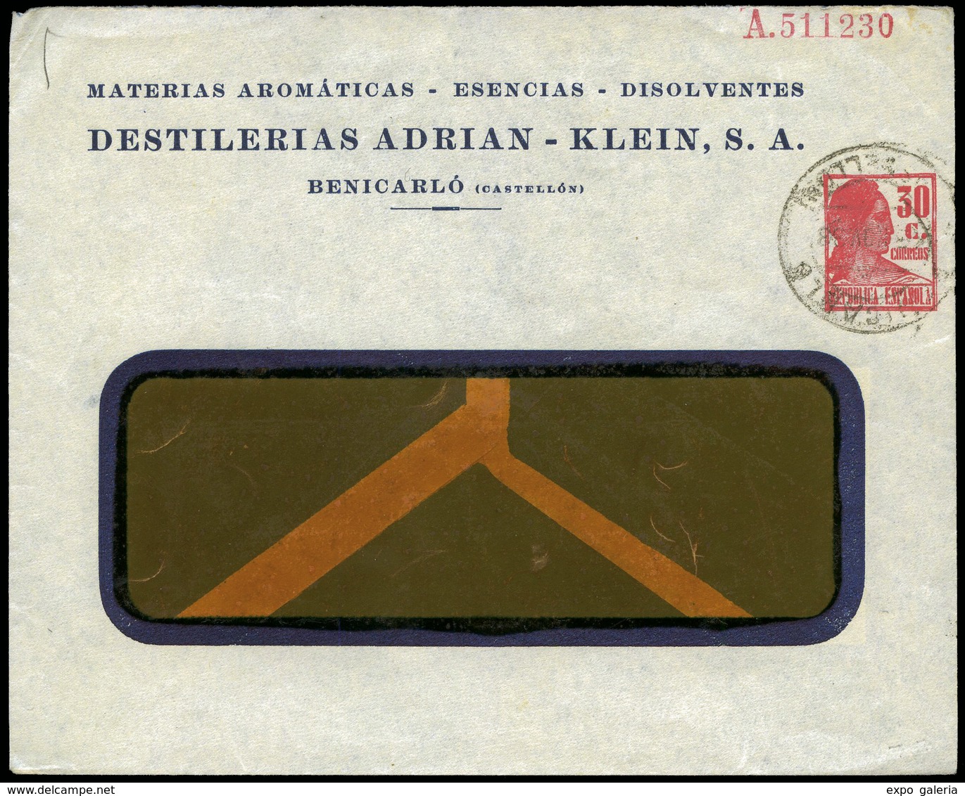 871 0 Laiz 1220 - 1933. Matrona. Sobres 30cts. Rojo Con Publicidad Impresa “Destilerias Adrian-…" - 1850-1931