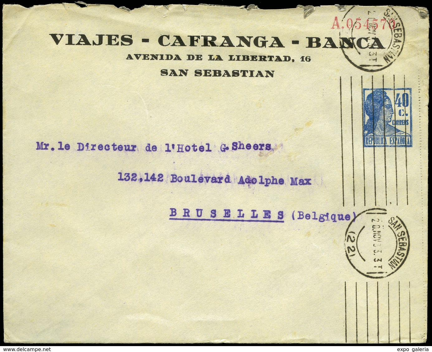 883 0 Laiz 1290 - 1933. Matrona. 40cts. Azul. Publicidad Impresa “Viajes Cafranga.San Sebastian” - 1850-1931