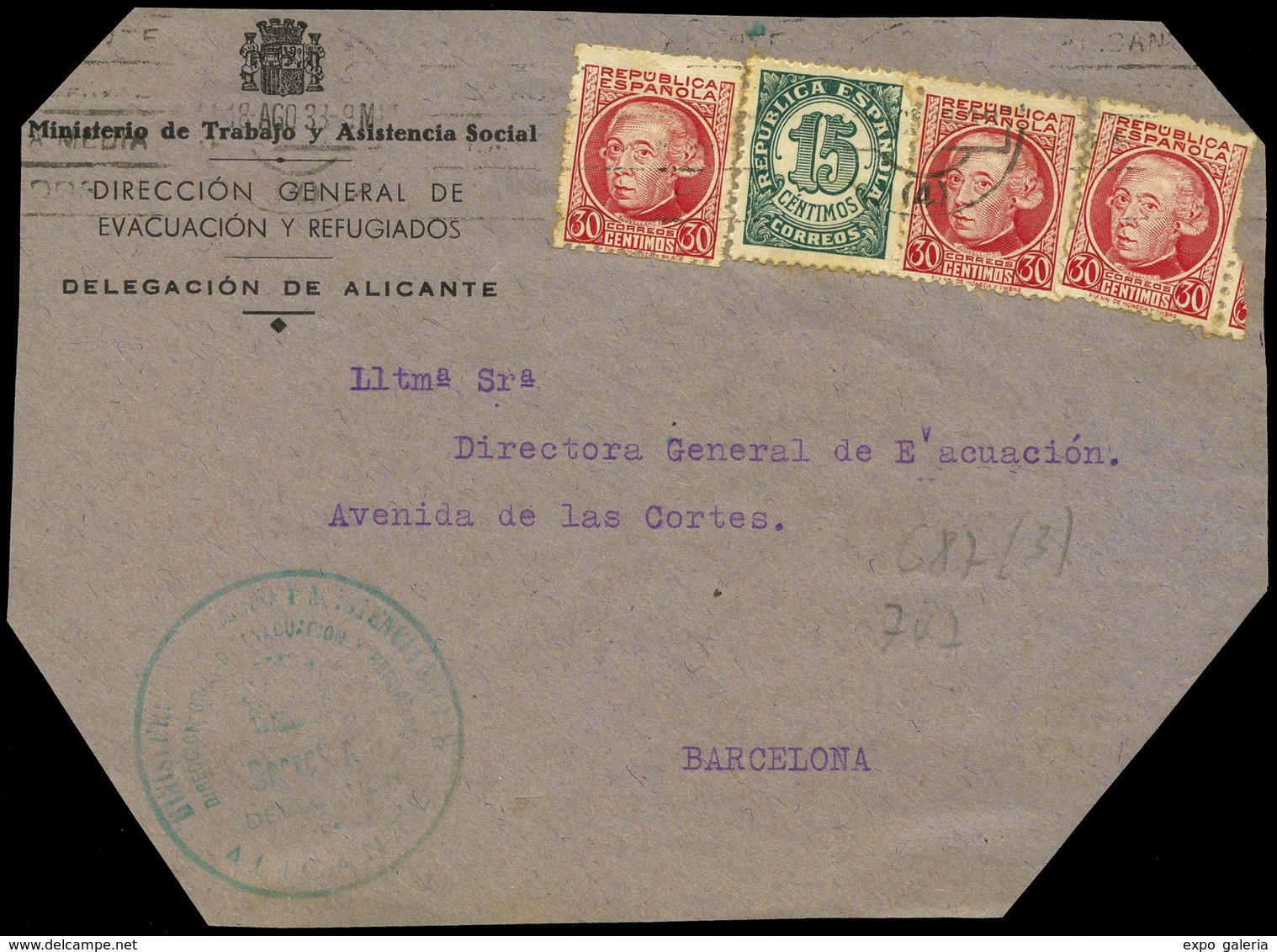 923 Ed. 687(3)+747 - 1938. Frontal Cdo Con Membrete Y Cuño “Ministerio De Trabajo.Dirección General…" - Covers & Documents