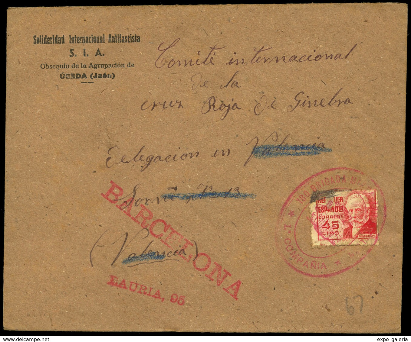 936 Ed. 737 - 1938. Cda Con Membrete “S.I.A.obsequio De La Agrupación De Ubeda” A Valencia Y Reexpedida A Barcelona - Lettres & Documents