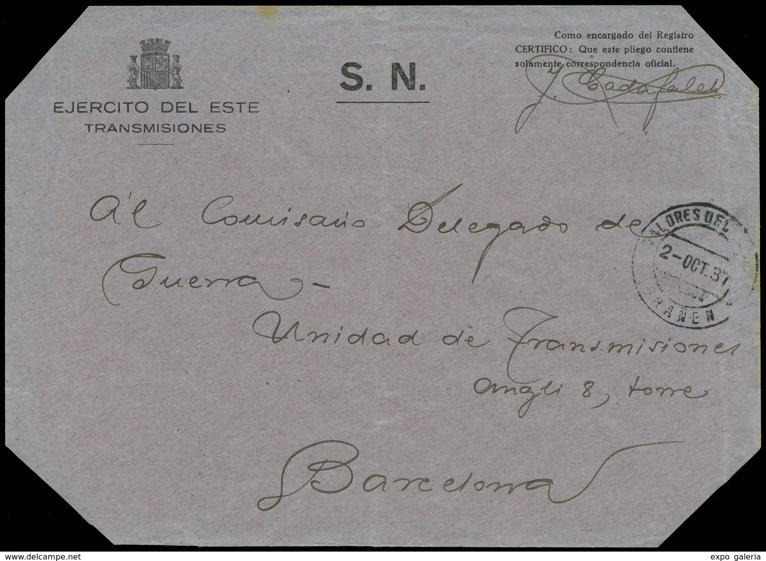 939 Cda Del S.N., Con Membrete “Ejército Del Este-Transmisiones” 02/Oc/37 A Barcelona - Lettres & Documents