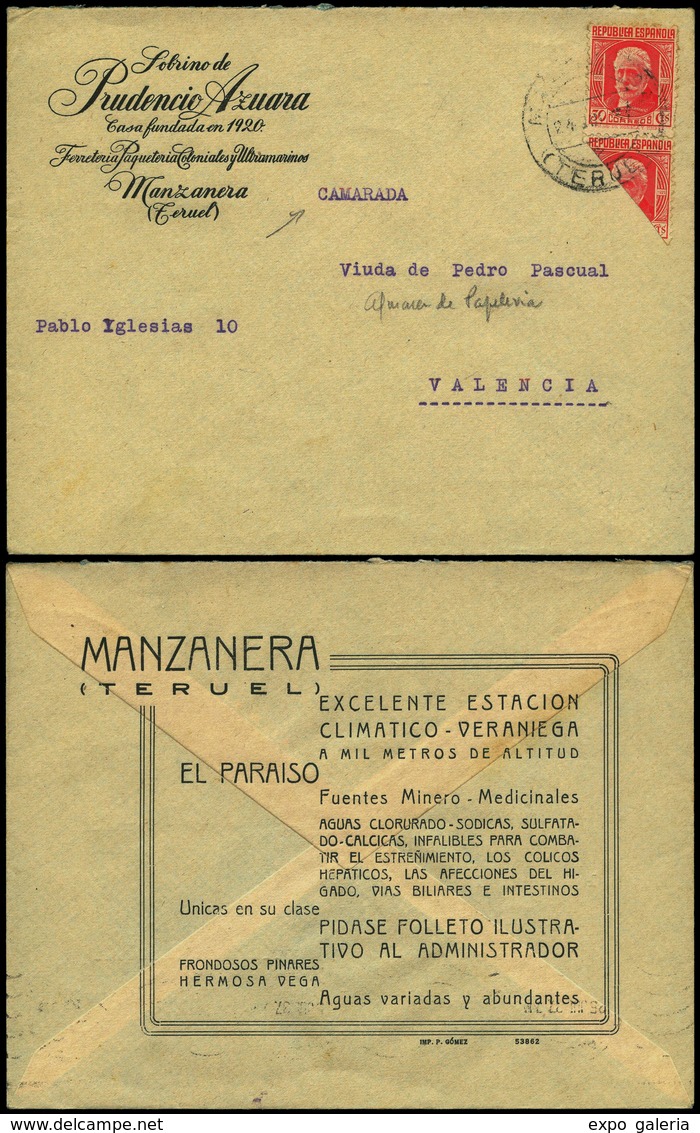 946 Ed. 735+Bisec 735 - Cda De “Manzanera 24/08/37” A Valencia Con Reverso Publicitario “Manzanera…" - Covers & Documents