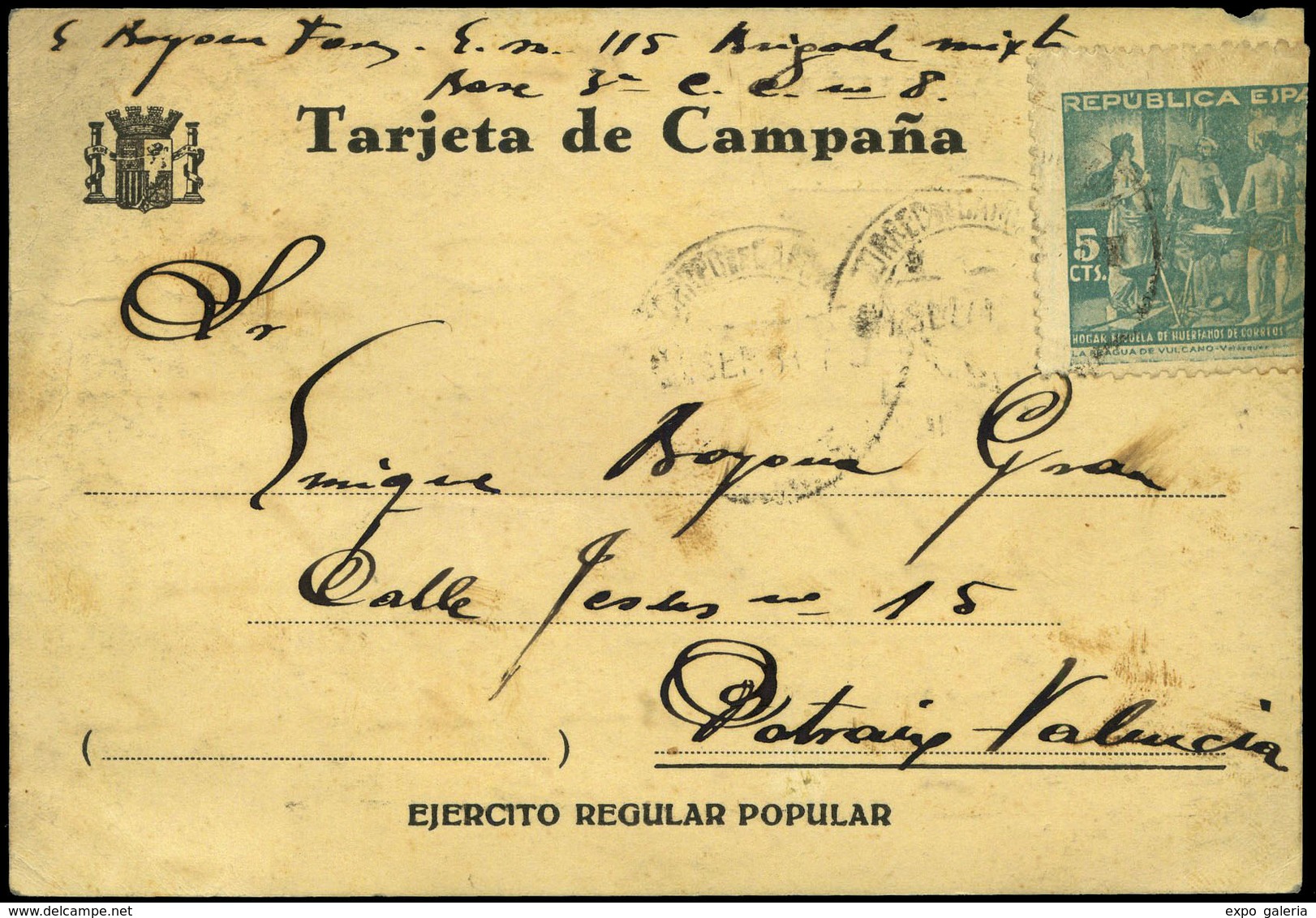 949 Tarjeta De Campaña Con Texto Impreso “Ejército Regular Popular-Brigada Mixta” Cda Desde El Frente A Valencia - Covers & Documents