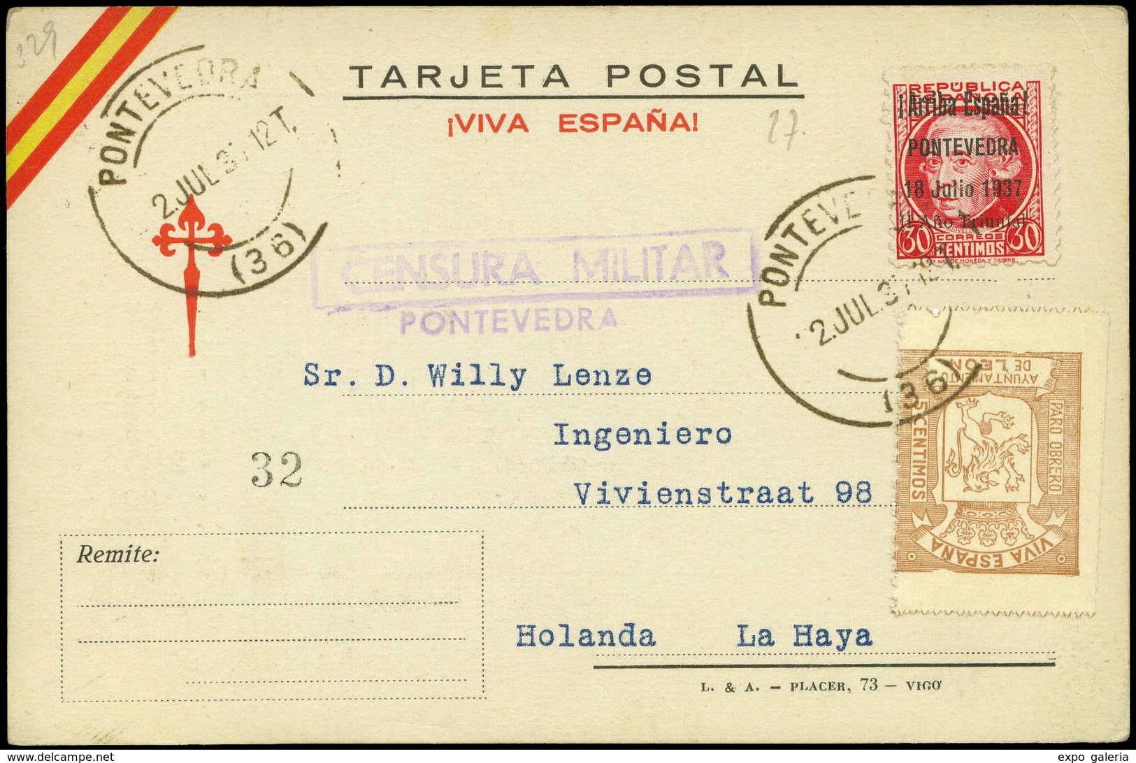 964 Ed. TP +Pontevedra 27+Local - 1937. Tarjeta Patriótica Cda Con Sello Patriótico Y Local A Holanda - Covers & Documents