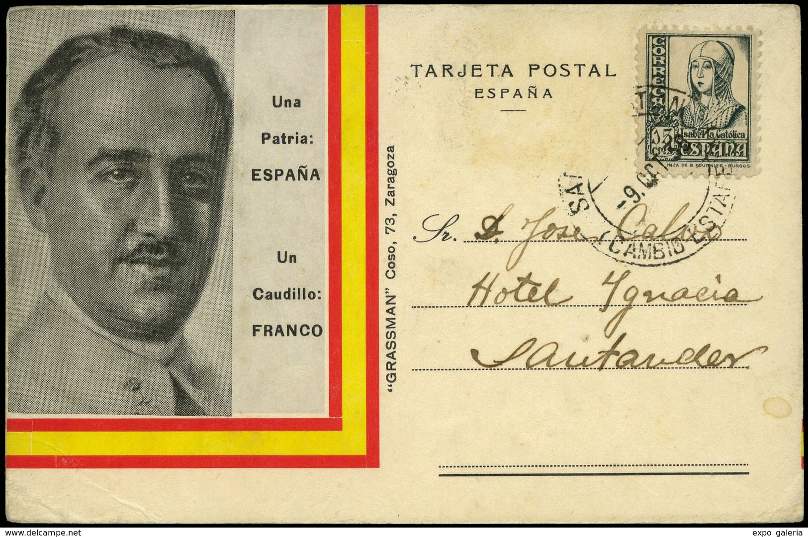 965 Ed. TP 820 - 1938. Tarjeta Patriótica “San Sebastian 9/Oct/38 Cambio Estafeta” A Santander. - Covers & Documents