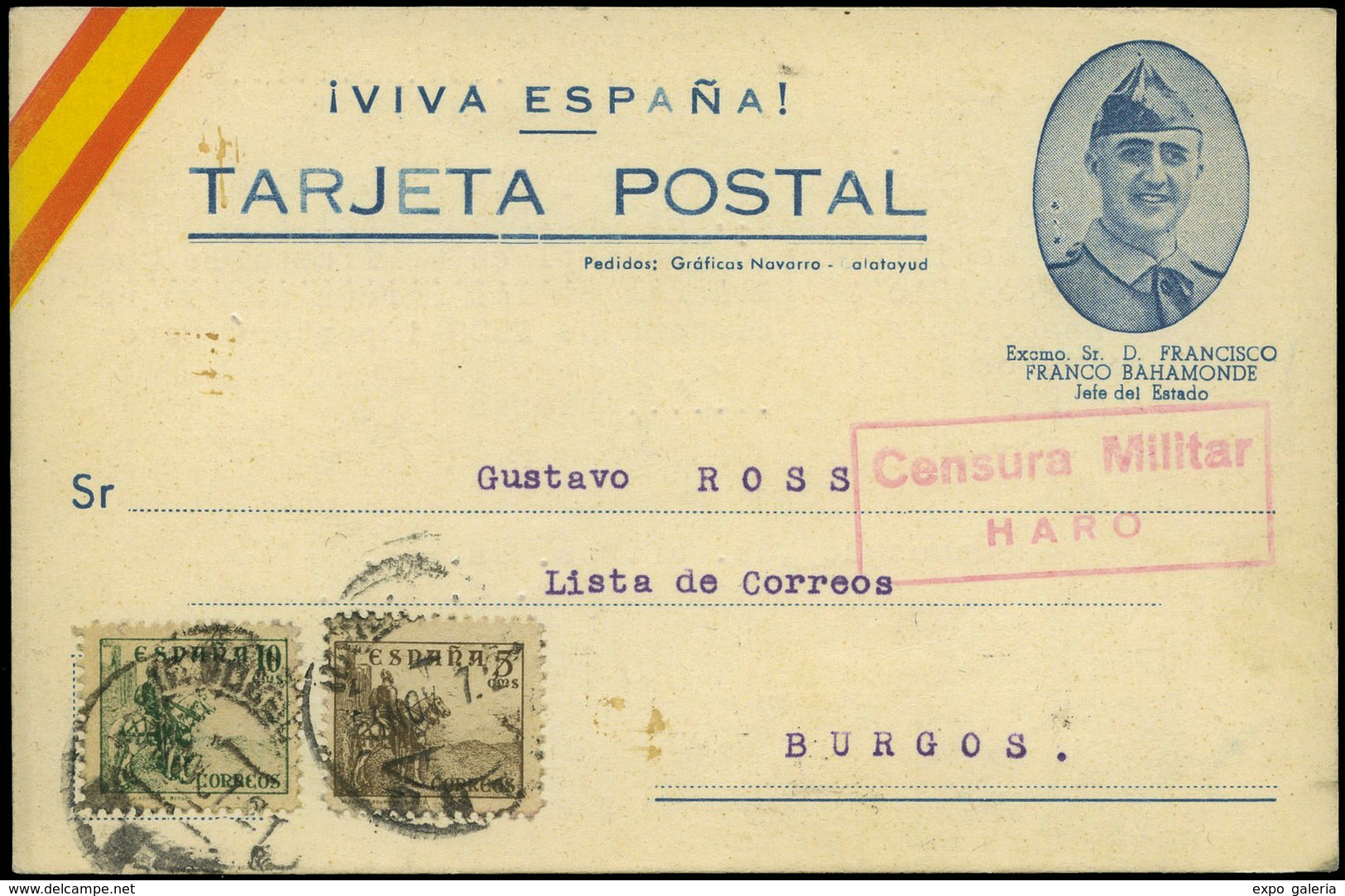 967 Ed. TP 816-817 - 1937. Tarjeta Patriótica Y Cda Con C.M. Desde Haro A Burgos - Lettres & Documents