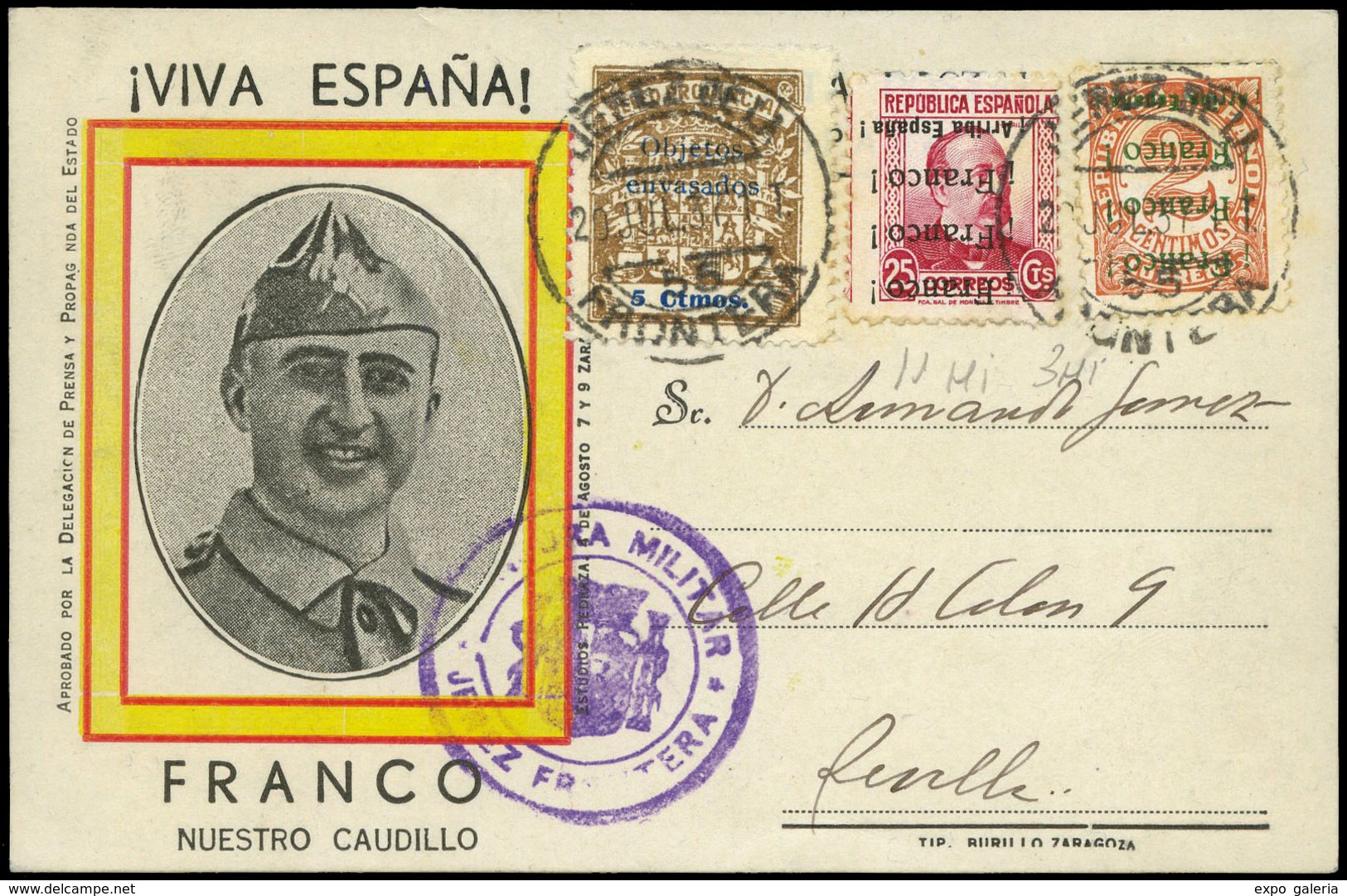 971 Ed. TP 11Hi+3Hi+local - Jerez. 1937. Tarjeta Patriótica Cda De Jerez Con Sellos Sobrec. Invertida A Sevilla - Lettres & Documents