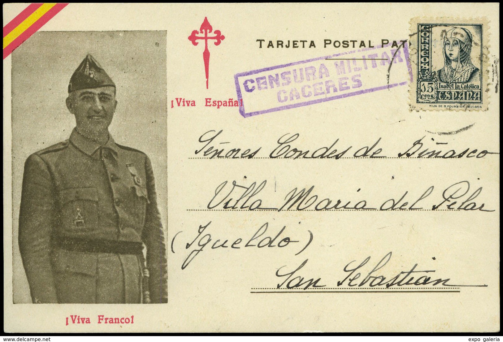 973 Ed. TP 820 - 1937. Tarjeta Patriótica De “Cáceres 25/06/37” A S. Sebastian. Lujo - Lettres & Documents