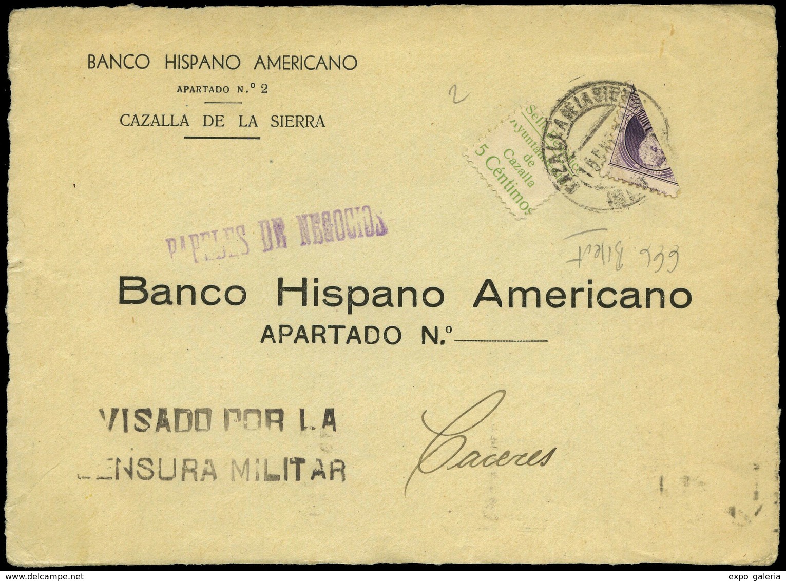 976 Ed. 666 Bisec+Cazalla 2 - 1937. Frontal Con Sello Bisectado 666+Local De Cazalla.Muy Bonito. Ex Aracil - Lettres & Documents