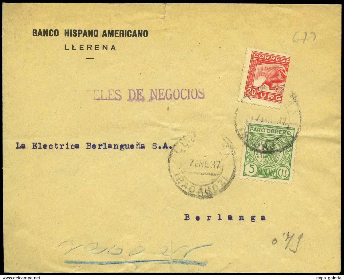 977 Ed. 679 Bisec+Local - 1937. Cda De “Llerena 17/01/37” A Berlanga Con Bisectado Usado Como 10cts. En La Guerra. Ex Ar - Lettres & Documents