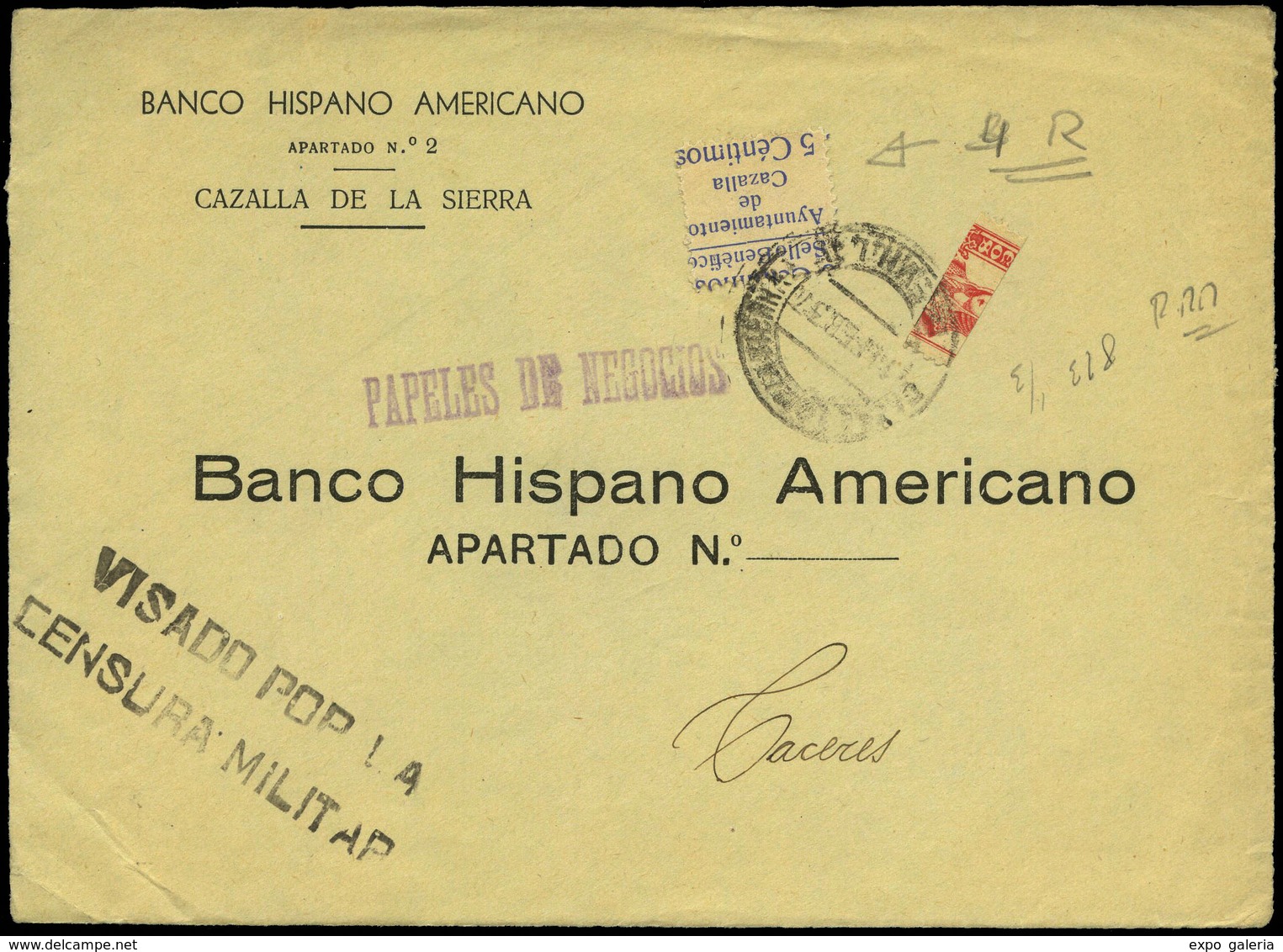 979 Ed. 823 1/3 + Local - 1937. Frontal Cdo Con Sello 823 A 1/3 (para Dar La Tarifa) Y Local De Cazalla - Lettres & Documents