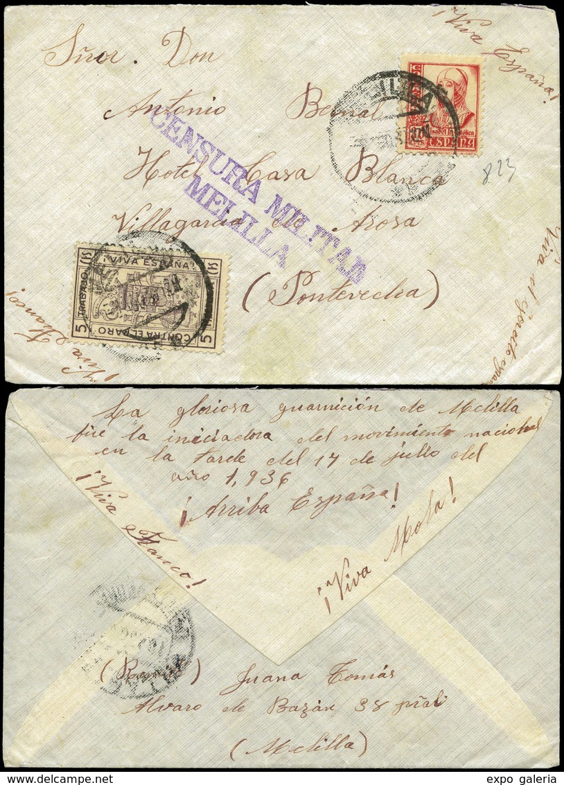 984 Ed. 823+local - 1937. A Pontevedra “Melilla 07/Nov/37” Y Manuscrito (1ª Vez Que La Hemos Visto) “La Gloriosa…" - Lettres & Documents