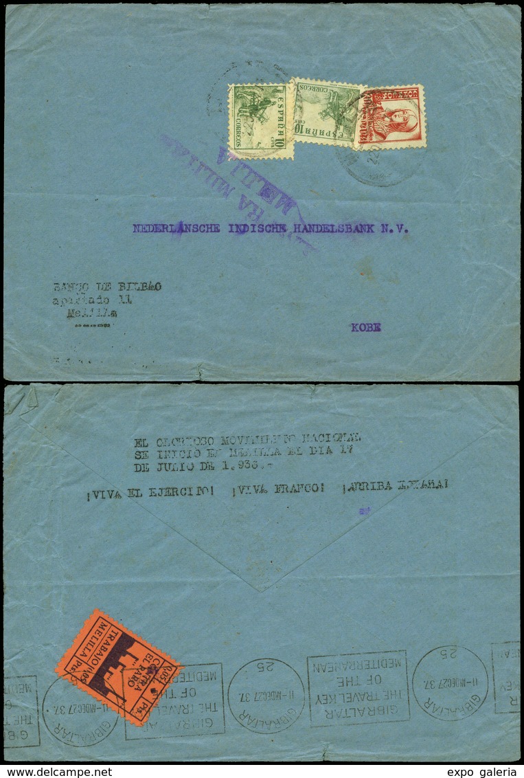 985 Ed. 823-817(2) - 1937. “Melilla 22/Dic/37” A Kobe. Tránsito En Gibraltar Y Marca Impresa…" - Lettres & Documents