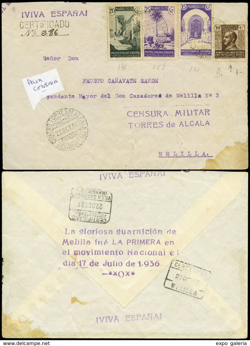 987 Ed. 138-151-152-Benef.1 - Marruecos. 1937. Certificado De “Cuatro Torres De Alcalá 22/Oct/37” A Melilla - Lettres & Documents