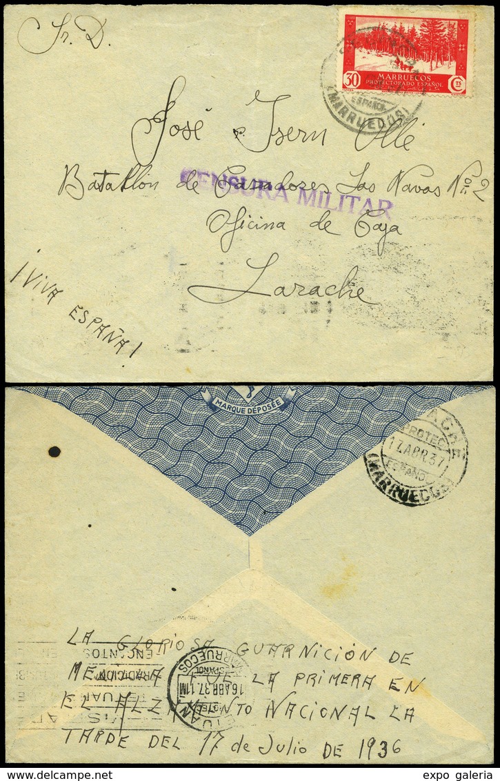 988 Ed. 153 - Marruecos. 1937. Cda A Larache Y Manuscrito “La Gloriosa Guarnición De Melilla.....” Rara - Covers & Documents