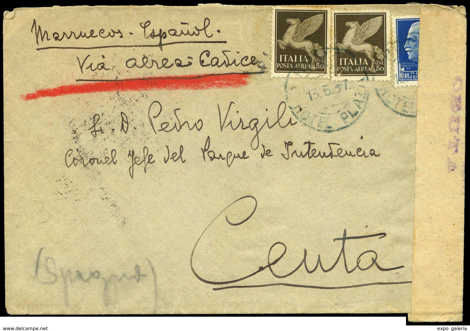 1000 Ceuta. Carta Cda De Roma A Ceuta (via Cádiz). Al Dorso Tránsito En “Melilla 14/5/37” Y Llegada A “Ceuta 17/5/37” - Covers & Documents