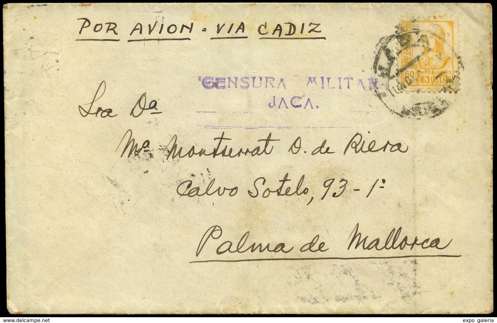 1002 Ed. 826 - Huesca. Carta Cda De Jaca (Huesca) A Palma De Mallorca ,via Cádiz. 6/11/37 Diversos Tránsitos Y Marca Lle - Covers & Documents