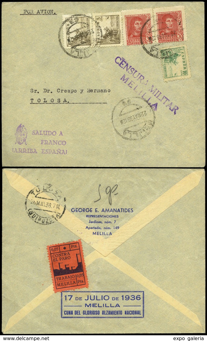 1003 Ed. 816(2)+817+844(2) - Melilla. Cda A Tolosa “Melilla 22/05/38” Con C. Militar Y Marca “17 Julio De 1936....” - Lettres & Documents