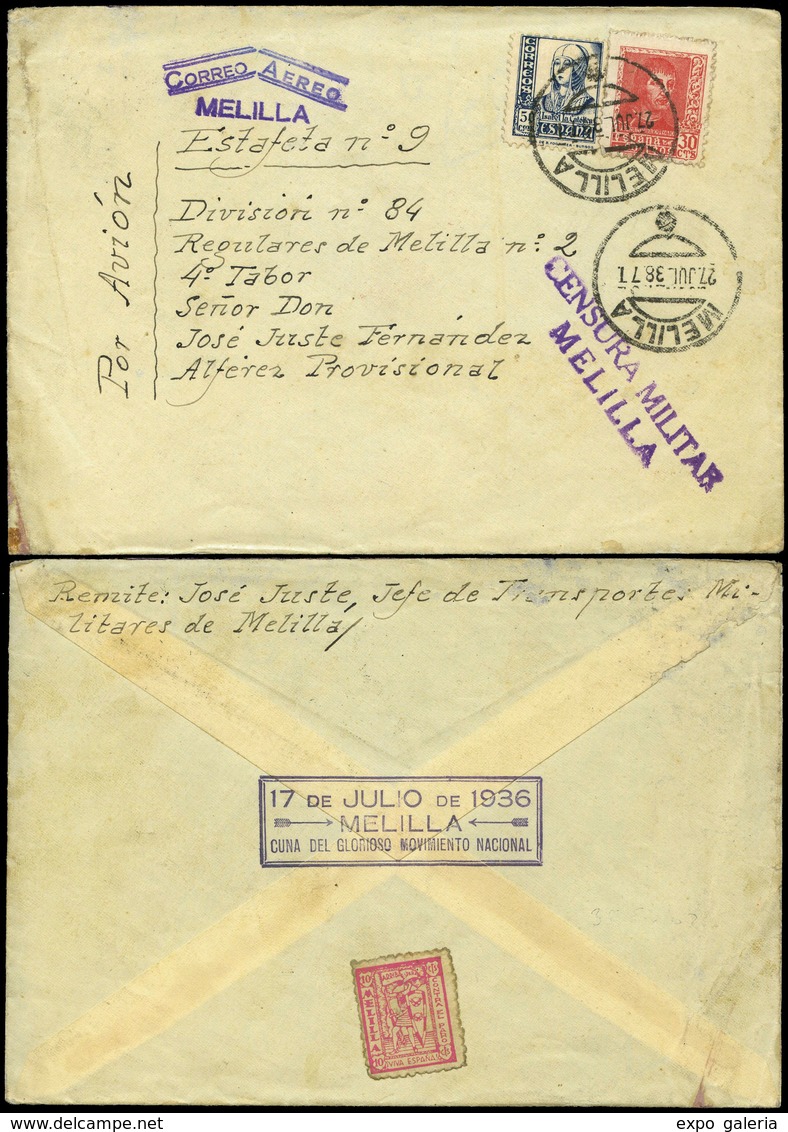 1004 Ed. 825+844 - 1938. “Melilla 27/Jul/38” A Estafeta Nº9 Con Marca Correo Aereo-Melilla Y Al Dorso - Covers & Documents