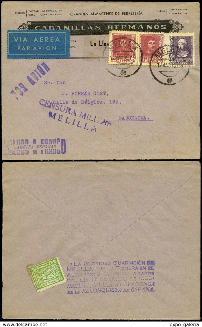 1005 Ed. 858+843(2) - 1939. “Melilla 12/05/39” A Barcelona Con C. Militar En Tampón “La Gloriosa.... - Covers & Documents