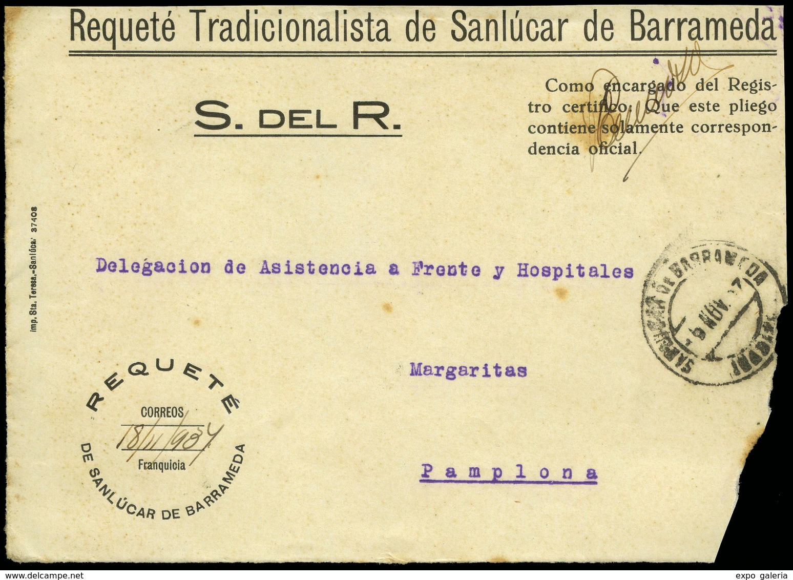 1016 1937. Frontal Con Membrete Y Franquicia Impresa De Correos Del Requeté (rarísima) Y Cda Desde San Lucar - Covers & Documents