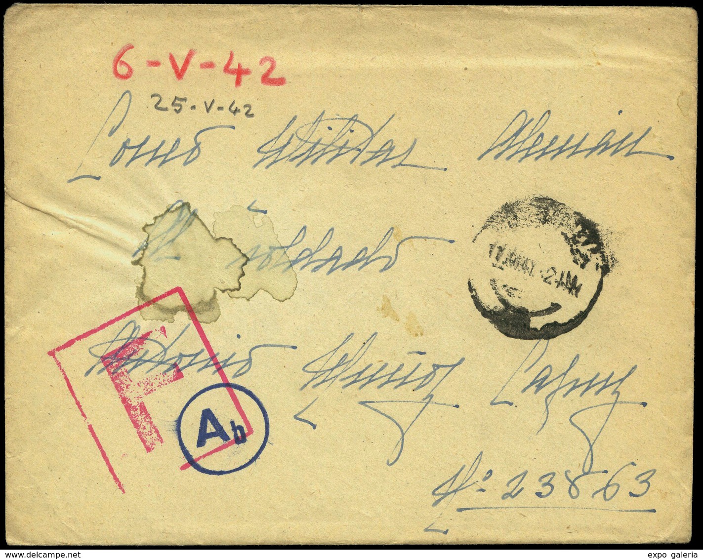 1017 1942. Carta De Valencia Al Frente Ruso. (Muy Raras Las Cartas Cdas Al Frente). Marca “F” En Rojo + “Ab”. Preciosa - Lettres & Documents